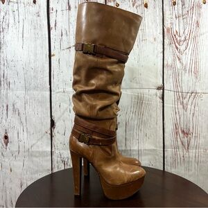 JESSICA SIMPSON faux leather Women's Tall Brown Platform Heeled Slouch Boots 7.5